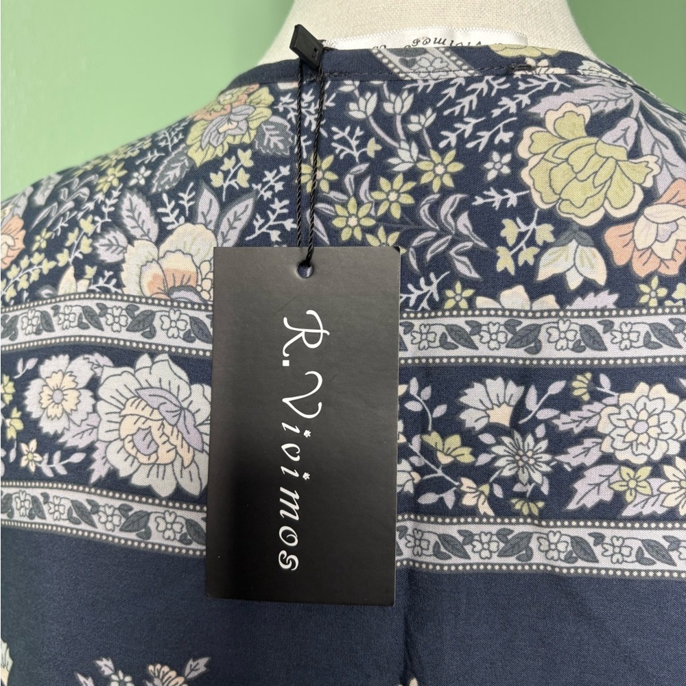 nwt R Vivimos boho Elegant Floral Long Sleeve Dress - Navy and Cream medium - Picture 13 of 17